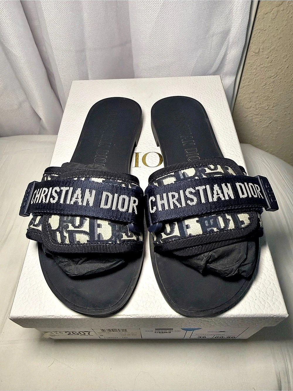 Dior DiorWorld Tour Oblique Slide Oblique Nylon Slides Blue & Black US 6 Like